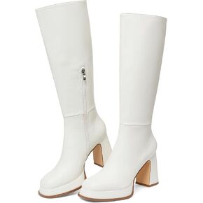 White Boots Go Go Boots Knee High Boots Platform Squared Toe Chunky Block Heel Disco Boots for Women Stretch Mid Calf Boots Size 6
