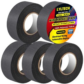 LYLTECH Wire Harness Tape (5 Pack) Flame Retardant, 50 Feet x 3/4Inch x 8.7mils,At-40℉ to 257℉, 100% Polyester Fabric & High Temp Wiring Loom Self-Adhesive Felt Cloth Harness Electrical Tape