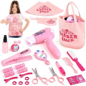 Sanlebi Hair Salon Toys for Girls, 25 Pcs Pretend Play Hair Styling Toy Set for Kids 3-6 with Hair Dryer, Barber Apron, Scissors and Stylist Accessories, Christmas & Birthday Gift for Girls