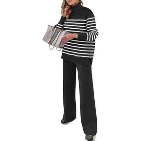 ANRABESS Womens 2 Piece Outfits Sweater Sets Loose Turtlenck Knit Pullover Top Wide Leg Pants 2024 Fall Lounge Sweatsuits