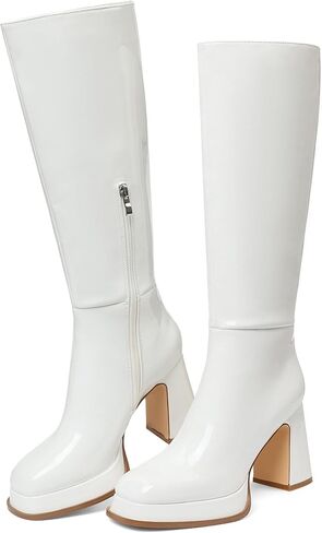 أحذية بيضاء Go Go Boots أحذية طويلة للركبة منصة مربعة من الأمام وكعب مكتنز أحذية ديسكو للنساء تمتد منتصف الساق الأحذية حجم 6 in Kuwait