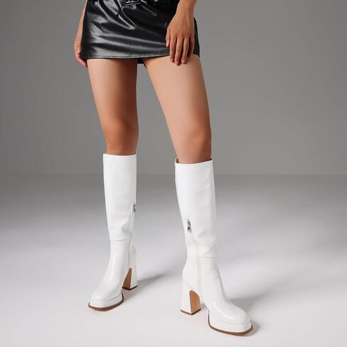 أحذية بيضاء Go Go Boots أحذية طويلة للركبة منصة مربعة من الأمام وكعب مكتنز أحذية ديسكو للنساء تمتد منتصف الساق الأحذية حجم 6 in Kuwait