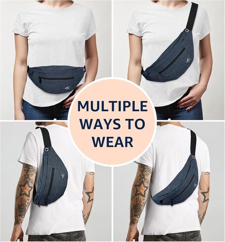 HiRui Large Crossbody Fanny Pack for Men Women Waist Bag Pack with 4-Zipper Pockets Phone Bag Fits All Phones Wallet Keys, Casual Hands-Free Waist Pack for Travel Workout Running (Black) in Kuwait