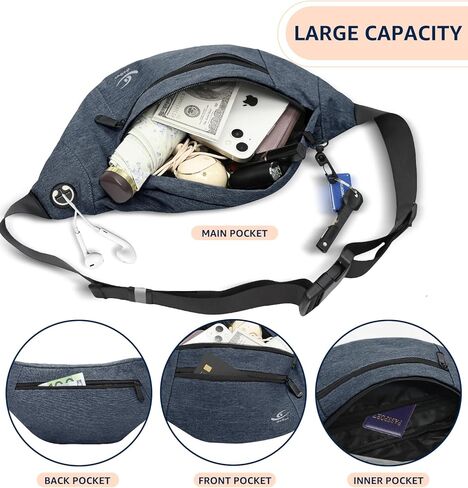 HiRui Large Crossbody Fanny Pack for Men Women Waist Bag Pack with 4-Zipper Pockets Phone Bag Fits All Phones Wallet Keys, Casual Hands-Free Waist Pack for Travel Workout Running (Black) in Kuwait