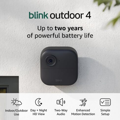 Blink Outdoor 4 + Blink Mini 2 - كاميرات أمنية ذكية، محادثة ثنائية الاتجاه، عرض مباشر عالي الدقة، كشف الحركة، يتم إعداده في دقائق، يعمل مع Alexa - 3 نظام كاميرات + Mini 2 (أسود) in Saudi Arabia