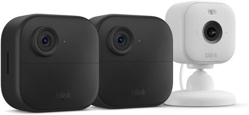 Blink Outdoor 4 + Blink Mini 2 - كاميرات أمنية ذكية، محادثة ثنائية الاتجاه، عرض مباشر عالي الدقة، كشف الحركة، يتم إعداده في دقائق، يعمل مع Alexa - 3 نظام كاميرات + Mini 2 (أسود) in Saudi Arabia