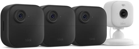 Blink Outdoor 4 + Blink Mini 2 - كاميرات أمنية ذكية، محادثة ثنائية الاتجاه، عرض مباشر عالي الدقة، كشف الحركة، يتم إعداده في دقائق، يعمل مع Alexa - 3 نظام كاميرات + Mini 2 (أسود) in Saudi Arabia