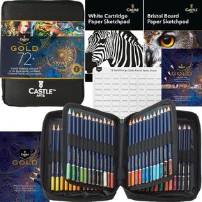 Castle Art Supplies Gold Standard 120 Coloring Pencils Set with Extras | Quality Oil-based Colored Cores Stay Sharper, Tougher Against Breakage | For Adult Artists, Colorists | In Zipper Case