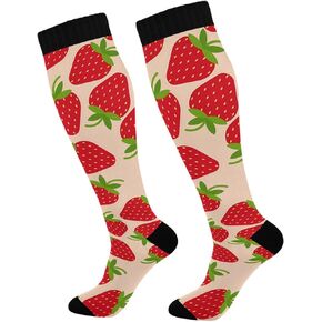 Strawberry Print Compression Socks for Women & Men 20-30mmHg Knee High Socks Tube Athletic Stockings Winter Hiking Soccer Running Cycling Nurses Travel, 1 Pair Small-Medium