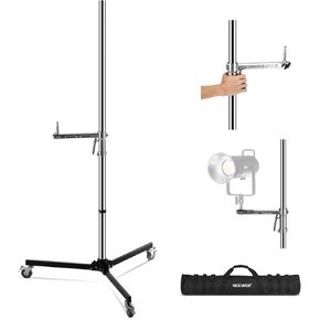 NEEWER 6.5ft/198cm Stainless Steel Light Stand, Heavy Duty Tripod Stand with Caster Wheels, 2 Sliding Arms with Pistol Grip, Folding Leg for Photography Softbox Monolight, Max. Load 35lb/16kg, ST198SS