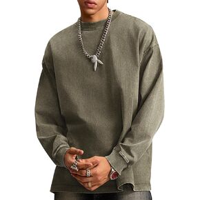 Mens Oversized T Shirt Long Sleeve Acid Wash Vintage Sweatshirt Casual Streetwear Heavy Weight Cotton Baggy Unisex Tops