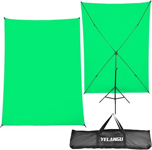 طقم خلفية شاشة خضراء على شكل حرف T من YELANGU مع حامل - استوديو تصوير فوتوغرافي محمول مقاس 8.5 × 6.5 قدم، حامل ثلاثي القوائم من سبائك الألومنيوم، مثالي للبث ومؤتمرات الفيديو وتصوير المنتجات والمقابلات in Saudi Arabia