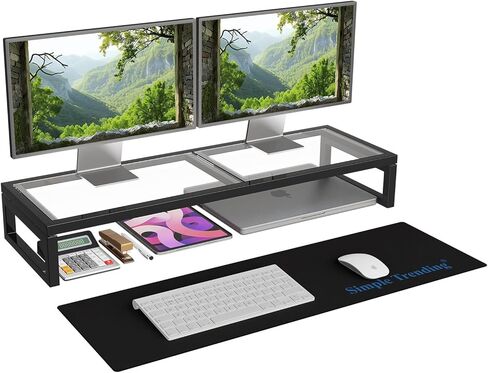Simple Trending 2-Tier Glass Metal Monitor Stand Riser,Computer Desk Organizer with Drawer for Laptop, Computer, iMac,Storable K-Cups Black in Saudi Arabia