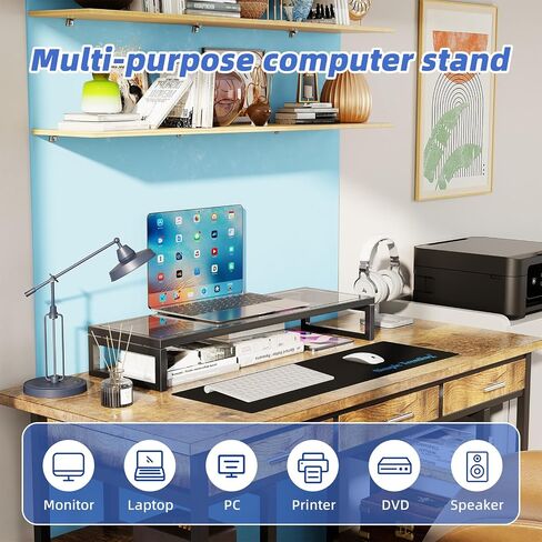 Simple Trending 2-Tier Glass Metal Monitor Stand Riser,Computer Desk Organizer with Drawer for Laptop, Computer, iMac,Storable K-Cups Black in Saudi Arabia