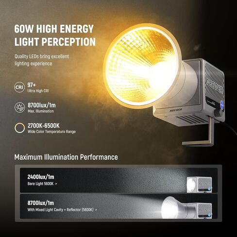 NEEWER HS60B Mini Video Light with App Control, 60W Handheld Portable Bi Color COB LED Continuous Output Lighting with 35000lux/1m 2700-6500K 0-100% PWM Dimming CRI/TLCI 97+ 12 Scenes USB Type C in Saudi Arabia