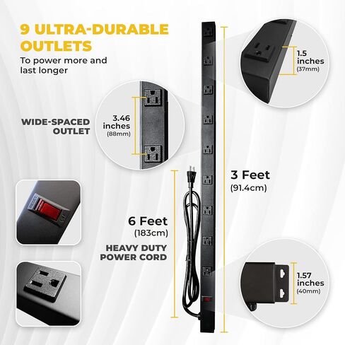 9 Outlets 3 Feet Power Cord 3 Feet Body Opentron OT3093 Heavy Duty Metal Surge Protector Power Strip with Mounting Parts - FREE End Caps for Shipping Protection Only in Saudi Arabia