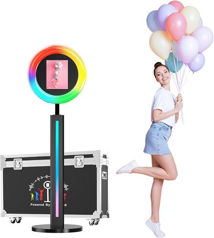 Photo Booth Compatible with Any Ipad, OHYEAHSPIN Photo Booth with Software App Control Ring Box, Music Sync,IPad Selfie Machine with Flight Case (Double Light Strip, Black Flight Case) in Saudi Arabia