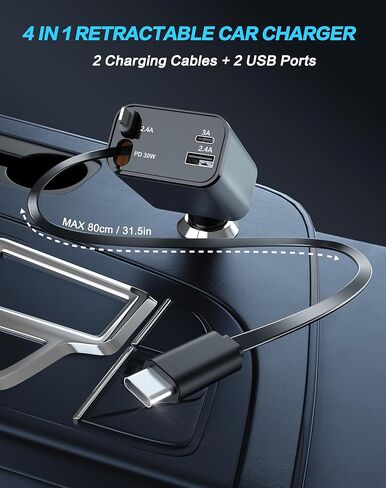 Retractable Car Charger, 4 in 1 Fast Car Phone Charger, Car Charger Adapter with 2 Retractable Cords 2.6ft & 2 USB Ports, Compatible with iPhone 15/14/13/12/11 Series, Galaxy, Pixel in Saudi Arabia