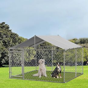 7.5' Outdoor Dog Cage with Waterproof UV-Resistant Cover,Large Metal Galvanized Rustproof Outdoor Puppy Fence W/Security Door,Heavy Duty Kennel for Farm & Garden,Silver