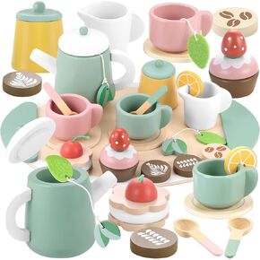 GAGAKU Wooden Tea Set for Little Girls 19 PCS Wooden Toys Tea Party Set Toddler Lemon Tea Set Pretend Play Kitchen Accessories for Kids
