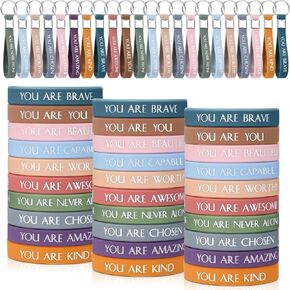 Sratte 60 Pcs Motivational Wristbands Bracelets and Keychains Bulk with Inspirational Quotes Appreciation Gifts for Kids Teacher Student Graduation Volunteer Employee Nurse