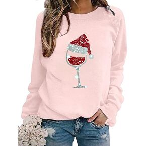 Women Christmas Sweatshirt Funny Red Wine Glass Christmas Shirt Xmas Santa Hat Graphic Pullover Blouse Tops