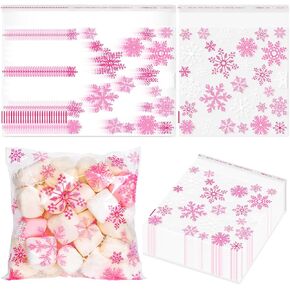 Whaline 300Pcs Christmas Snowflake Cellophane Treat Bags Cute Snowflake Print Self-Adhesive Bags Seasonal Winter Clear Candy Bags Plastic Goody Bags for Xmas Holiday Wedding Party Supplies