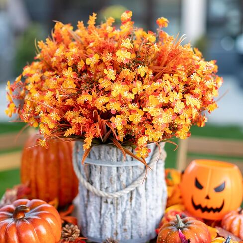 Artificial Fall Flowers Outdoor Fake Mums - 16 Bundles Fake Plants UV Resistant No Fade Faux Plastic Greenery Garden Porch Patio Fall Home Decor (1, OrangeGreen) in Saudi Arabia