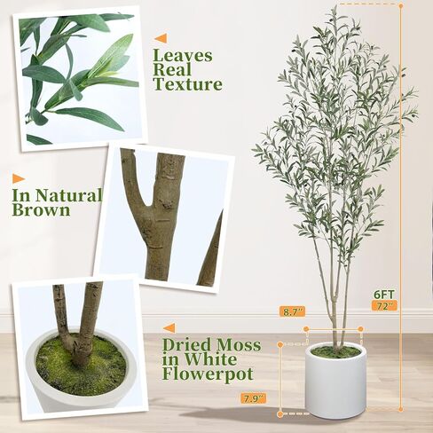 2Pack Tall Faux Olive Tree, 6FT Olive Trees Artificial Indoor with Large White Planter and Natural Wood Trunk and Realistic Leaves, Fake Olive Tree for Home House Office Décor in Kuwait