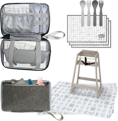 THEO'S Baby Led Weaning Supplies 12 Piece Clutch - Mealtime Essentials With 4 Disposable Splat Mats For Under High Chair, 3 Eco-Friendly Stick On Placemats, 2 Sets Ergonomic Plant Based Spoons & Forks in Saudi Arabia