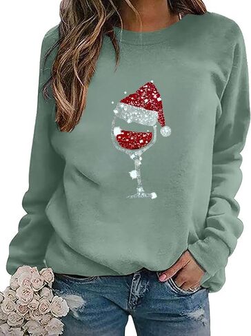 Women Christmas Sweatshirt Funny Red Wine Glass Christmas Shirt Xmas Santa Hat Graphic Pullover Blouse Tops in Saudi Arabia