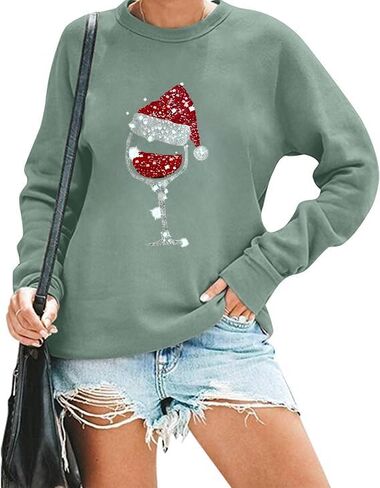 Women Christmas Sweatshirt Funny Red Wine Glass Christmas Shirt Xmas Santa Hat Graphic Pullover Blouse Tops in Saudi Arabia