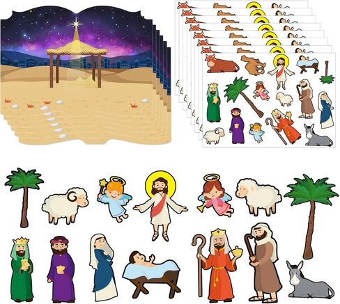 ملصقات FaCraft Nativity، 24 ورقة تصنع ملصق مشهد المهد، حرف عيد الميلاد المضحكة للحفلات الدينية لصالح لعبة مشهد المهد للأطفال in Kuwait