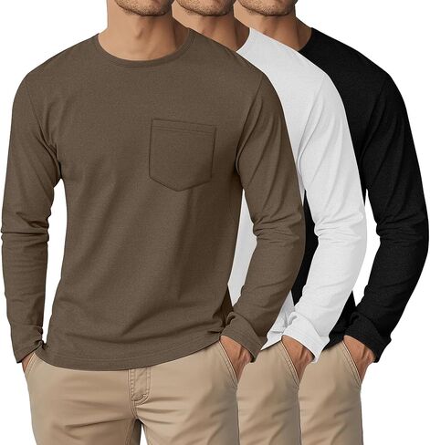 Riyiper 3 Pack Men's Long Sleeve Thermal T-Shirts with Pocket DE Velvet Crew Neck Casual Top Fall Winter Basic Tee in Kuwait