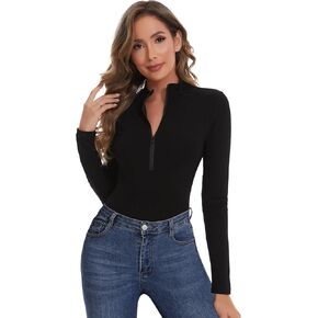 SHAPERIN Women Long Sleeve Bodysuit V Neck Polo T-shirt Basic Top Collared Body Suit Jumpsuit