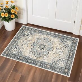 Washable Area Rug Vintage - Living Room Farmhouse Oriental Rug 5x8 Distressed Non-Slip Stain Resistant Carpet for Bedroom Dining Room Home Office (5x8 Blue/Cream)