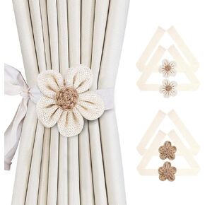 SRG Sunflower Curtain Tiebacks-2 Pack | Curtain Holdbacks with Three Flower | Curtain Tiebacks Boho | Japanese Curtain Ties | Cute Flower Curtain Ties Decorative for Bedroom Window Treatment （Khaki）