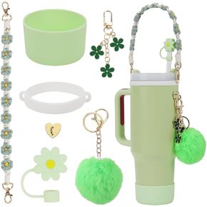 PINKPIN 7PCS Water Bottle Cup Accessories Set for Stanley Cup 40oz & 30oz Tumbler, Including Water Bottle Handle Strap, Silicone Cup Boot, Silicone Straw Cover, Keychain Charms(White)