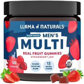 Llama Naturals Real Fruit Gummy Vitamins for Men | No Added Sugar Cane | Whole Food Multivitamin Gummies | Vegan, Organic, Chewable | 30 Day Supply | Strawberry