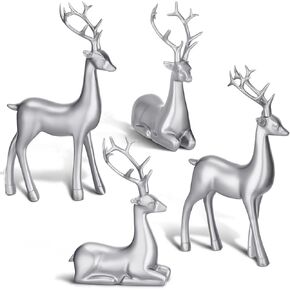 Thyle 4 Pcs Christmas Resin Sitting Standing Deer Statue Reindeer Figurines Deer Decorations for Home Indoor Rustic Christmas Home Decor Statue Small Reindeer Sculpture (White, Gold)