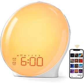 MOMILLA Smart Sunrise Alarm Clock, Wake-up Light Compatible with Alexa, App Control, FM Radio, Sunset Night Light, Dual Alarms with Snooze Function for Heavy Sleepers, Adults & Kids