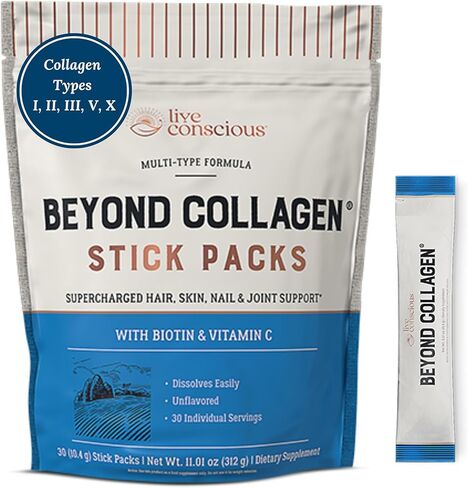 Live Conscious Beyond Collagen Peptides Powder Unflavored Packets-Hydrolyzed Collagen Powder-Hair Skin Nail & Joint Support- I II III V & X Grass-Fed Collagen Supplements for Women & Men 30 Pack (2pk) in Kuwait