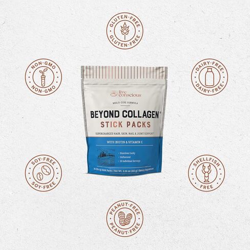 Live Conscious Beyond Collagen Peptides Powder Unflavored Packets-Hydrolyzed Collagen Powder-Hair Skin Nail & Joint Support- I II III V & X Grass-Fed Collagen Supplements for Women & Men 30 Pack (2pk) in Kuwait