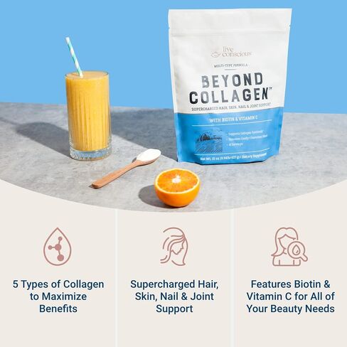 Live Conscious Beyond Collagen Peptides Powder Unflavored Packets-Hydrolyzed Collagen Powder-Hair Skin Nail & Joint Support- I II III V & X Grass-Fed Collagen Supplements for Women & Men 30 Pack (2pk) in Kuwait