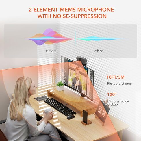 NUROUM V15AF 2K Webcam for PC, 1080p 60FPS AutoFocus Web Camera with Microphone, Privacy Cover and Mute, 75°FOV Dual Microphone USB FHD Computer Camera, Plug and Play for Zoom/Skype/Teams, White in Saudi Arabia