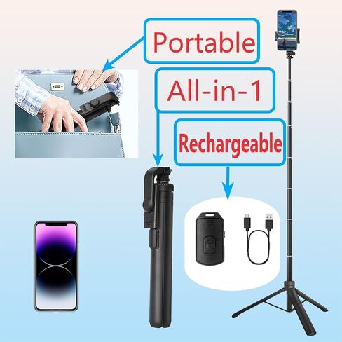 Selfie Stick Tripod,50" Portable Aluminum Phone Tripod Stand with Wireless Remote Shutter,Lightweight,Extendable Small Tripod for iPhone/Samsung/Huawei/Gopro and Cameras. in Saudi Arabia