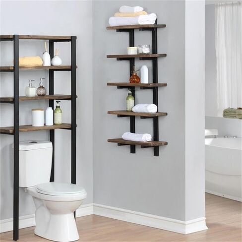 Alaterre Furniture Pomona 36" Tall 4-Shelf Metal and Solid Wood Bath Wall Shelf, Durable Natural Finish, Rustic Industrial Style for Any Room, Hangs Easily w/ EZ Drywall Anchors, 8" Deep in Saudi Arabia