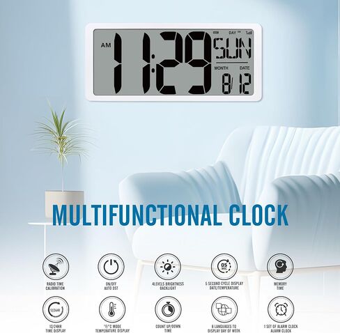 TXL Silver Large Digital Wall Clock with Backlight, 14.2" Battery Operated Alarm Clock with Day, Date & Temperature, Large Wall Clock for Classroom,Bedroom, Livingroom, Office，（Battery Included） in Saudi Arabia