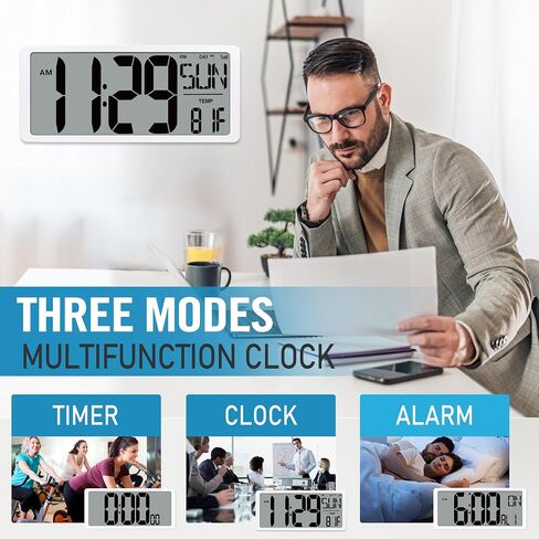 TXL Silver Large Digital Wall Clock with Backlight, 14.2" Battery Operated Alarm Clock with Day, Date & Temperature, Large Wall Clock for Classroom,Bedroom, Livingroom, Office，（Battery Included） in Saudi Arabia