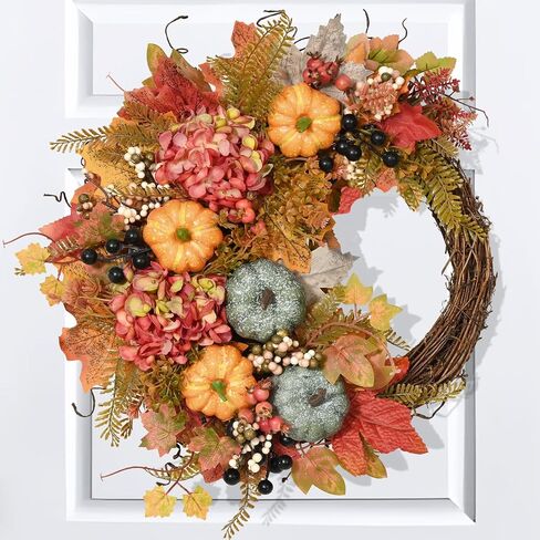Fall Wreaths for Front Door - 20" Artificial Autumn Wreath with Lights, Mesh Ribbon Pumpkin Dahlia Maple Leaves Berries for Home Porch Wall Window Halloween Thanksgiving Indoor Outdoor Decor in Saudi Arabia